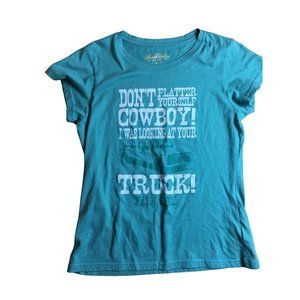 Womens T Shirt Farm Girl Graphic Tee  on't Flatter Yourself Cowboy Large Green u